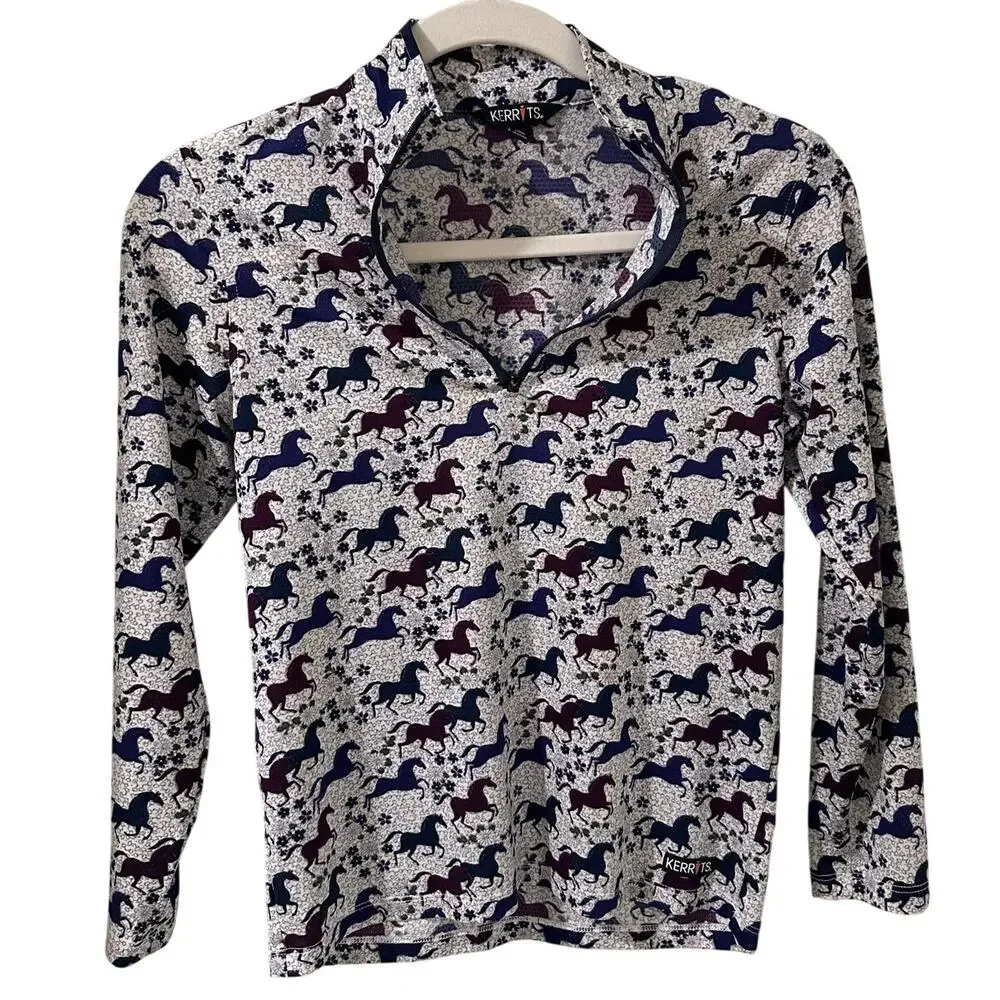 Kerrits Equestrian Horse Print Quarter Zip Performance Base Layer Top Large EUC